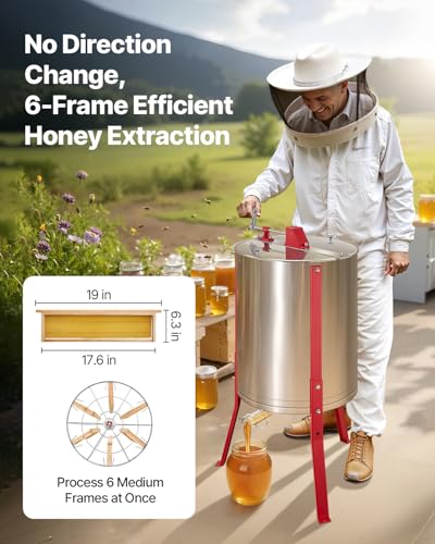 VEVOR Honey Extractor, 6 Frame Manual Honey Extractor with Transparent Lid, Honeycomb Drum Spinner with Height Adjustable Stand, Honeycomb Extraction Centrifuge Equipment for Beekeeping - style: 6 Frame