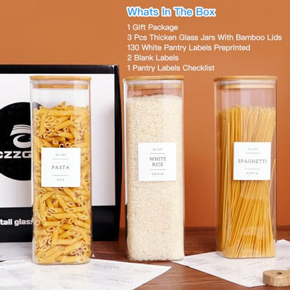 CZZGSM 3 Pack Square Kitchen Storage Jars with Airtight Bamboo Lids and 132 Pantry Labels - 80oz Glass Canisters with Wood Lids - Food Storage Containers for Spaghetti, Pasta, Fettuccine - color: 80OZ-3Pack