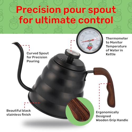 Black Japanese Gooseneck Kettle Stovetop with Thermometer and Insulated Handle (4-piece, 40.6 oz /1200ml), Stainless Steel Pour Over Tea Stovetop Kettle, Precision Pour Kettles Pot - color: Black