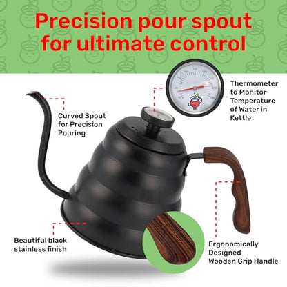 Black Japanese Gooseneck Kettle Stovetop with Thermometer and Insulated Handle (4-piece, 40.6 oz /1200ml), Stainless Steel Pour Over Tea Stovetop Kettle, Precision Pour Kettles Pot - color: Black