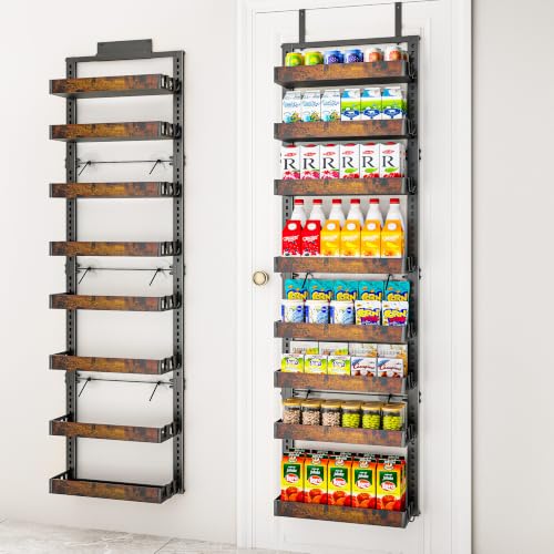 BUKFEN 8-Tier Over the Door Pantry Organizer, 2-in-1 Door Hanging or Wall Mounted Spice Rack, Heavy Duty Metal Storage Shelves with Adjustable Wooden Baskets for Kitchen Bathroom Closet - color: Black pole wood color, size: 8 Tier