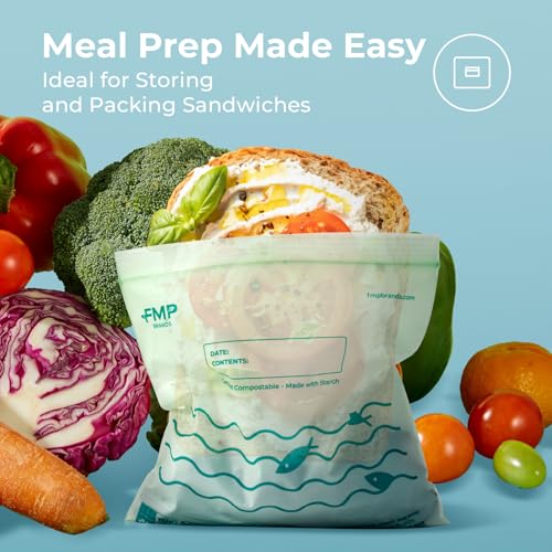 Fit Meal Prep 50 Pack 100% Compostable Sandwich Bags, 6.5 x 6.7" Resealable Food Storage Freezer Bags, Eco Friendly Snack Bags for Travel, ASTM D6400, US BPI & EU OK Compost Certified - style: Sandwich