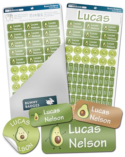 Bunny Badges Personalized Daycare Name Labels for Kids (130 Labels) - Custom Waterproof Name Stickers for Clothing Tags, Water Bottles, Lunch Boxes and School Supplies (Avocados) - color: Avocados