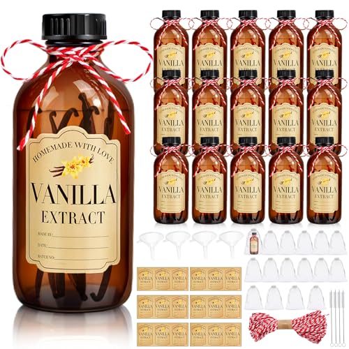 BHHQHH 16Pcs 8 oz Amber Glass Bottle Boston Round Bottles for Vanilla Extract Homemade,Brown Vanilla Extract Bottles with Caps for Syrup Gift Glass Food Storage Canister and Sauce Beans - size: Large
