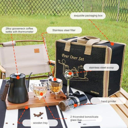Pour Over Coffee Set, 5-in-1 Kit: 28oz Gooseneck Kettle with Thermometer, Grinder, 2 Glass Cups, Scoop & Wood Tray – Gift for Home Office Camping (Grey Box 5)