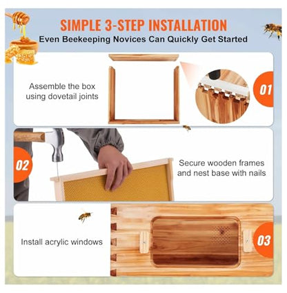 Bee Hive Medium Box Kit - Cedar Wood Langstroth Beehive with 10 Frames, Beeswax Coated, Acrylic Windows - Beginner & Pro Beekeepers