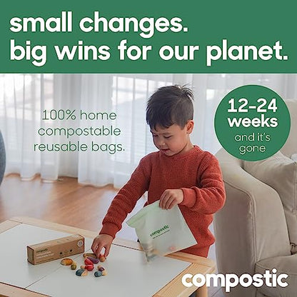 Compostic Compostable Snack Bags, Snack Size (180 + 20 Count) Bulk Pack — Resealable Zip-Seal, Plant-Based, Home Compostable, Freezer Safe, BPA-Free, Non-Toxic, GMO-Free Food Storage Bags - size: 180 Count, style: Snack