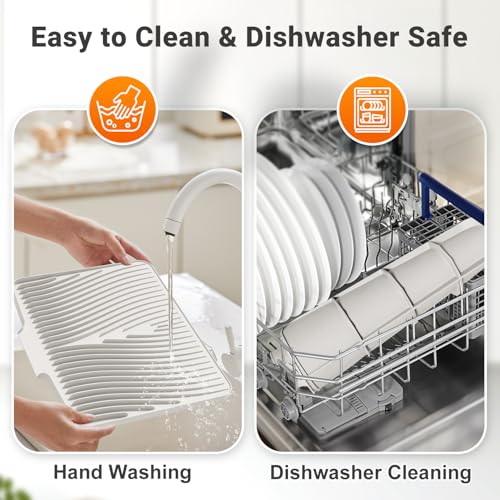 Silicone Dish Drying Mat for Kitchen counter, 15.8"x13" 2Pcs Extra Large Non-Slip Drain Pad with Built-in Drainage, Heat Resistant Dishwasher Safe, Cream - color: Cream-2pcs, size: 15.8" x 13"