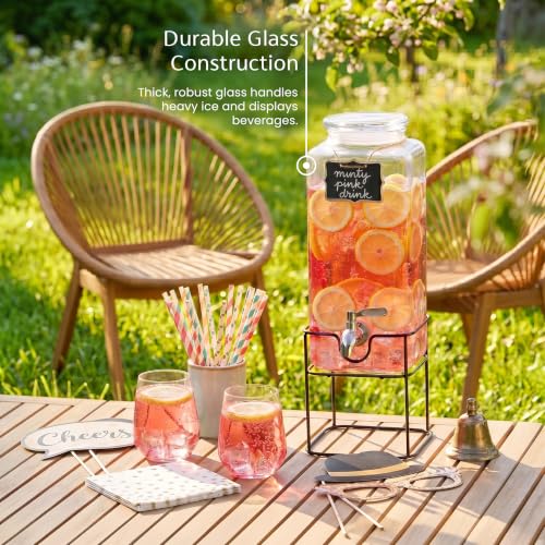 Kook Glass Drink Dispenser, with Stand, 1 Gallon, Serves 15 Cups, Leak-Proof Stainless Steel Spigot, Beverage Storage for Fridge, for Water, Iced Tea, Sangria, Lemonade, 1 Gallon - size: 1 Gallon with stand