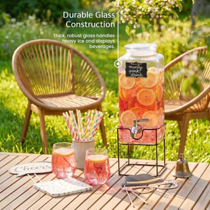 Kook Glass Drink Dispenser, with Stand, 1 Gallon, Serves 15 Cups, Leak-Proof Stainless Steel Spigot, Beverage Storage for Fridge, for Water, Iced Tea, Sangria, Lemonade, 1 Gallon - size: 1 Gallon with stand