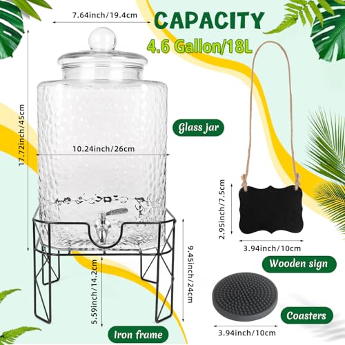 4.6 Gallon Glass Beverage Dispenser with Stand Beverage Dispensers with Stanless Steel Spigot Hanging Chalkboard Signs Drip Trays Drink Juice Dispenser with Lids for Party Wedding Kitchen