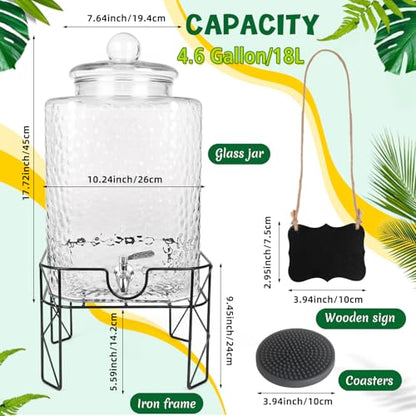 4.6 Gallon Glass Beverage Dispenser with Stand Beverage Dispensers with Stanless Steel Spigot Hanging Chalkboard Signs Drip Trays Drink Juice Dispenser with Lids for Party Wedding Kitchen