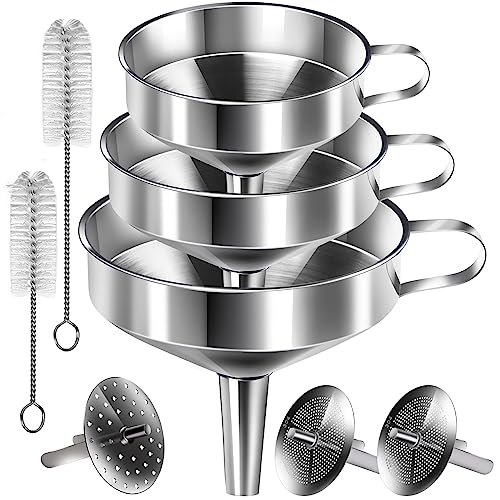 YGDZ Stainless Steel Funnel, 3PCS Kitchen Funnels for Filling Bottles Set, Large Food Grade Metal Funnel with 3pcs Removable Strainer, 2pcs Brushes, Funnels for Kitchen Use, Bottle Funnel for Liquid