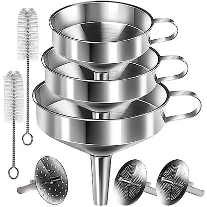 YGDZ Stainless Steel Funnel, 3PCS Kitchen Funnels for Filling Bottles Set, Large Food Grade Metal Funnel with 3pcs Removable Strainer, 2pcs Brushes, Funnels for Kitchen Use, Bottle Funnel for Liquid