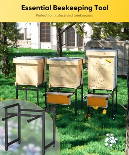 Mondazie Adjustable Metal Bee Hive Stand with Detachable Beehive Frame Holder for 8 & 10 Frame, 12 to 19 Inches Width Flow Hives Stand with 120-Inches Strap, Flowhive Stands Base for Beekeeping, Black - color: Black - With Frame Holder