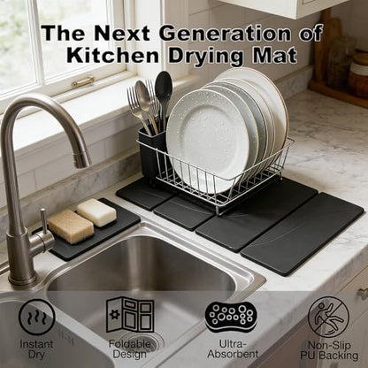 2PCS Stone Dish Drying Mat for Kitchen Counter,Collapsable Stone Dish Drying Mat with Diatomaceous Earth for Quick Drying-Ultra Absorbent-Eco-Friendly,Foldable -23.6"×15.7" Dark Gray Wave Grooves - color: DKHX-Dark Grey