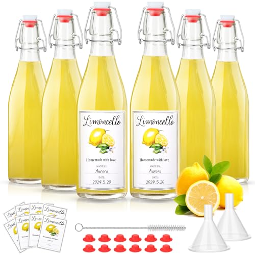 Maxcheck 6 Pack 16 oz Glass Limoncello Bottles with Lemon Labels Stickers and Swing Top Lids, 500ml Empty Clear Lemoncello Bottles with Funnel Brush Spacer for Limoncello Gift Giving