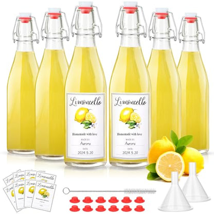 Maxcheck 6 Pack 16 oz Glass Limoncello Bottles with Lemon Labels Stickers and Swing Top Lids, 500ml Empty Clear Lemoncello Bottles with Funnel Brush Spacer for Limoncello Gift Giving
