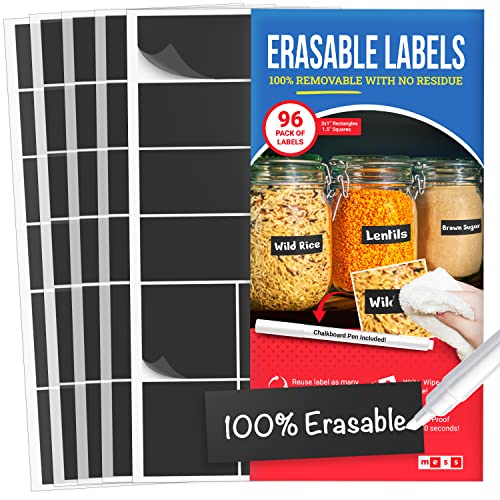MESS Reusable Chalkboard Labels for Food Containers, 96-Pack (1x3 & 1.5") - Erasable Dry Erase Stickers - Removable Kitchen Labels for Fridge, Freezer & Organizing - size: 1x3" & 1.5", style: Chalkboard