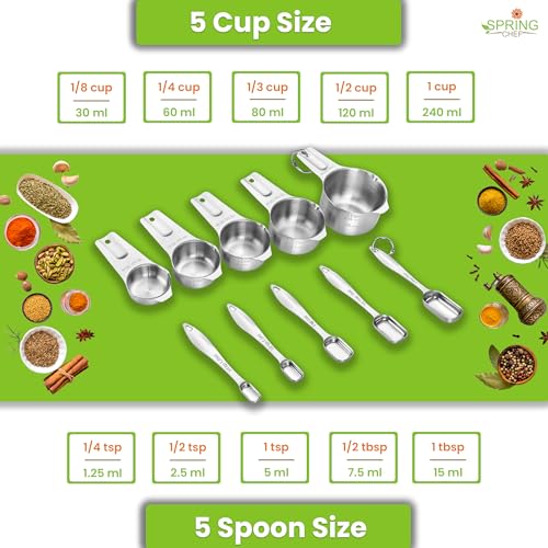 Spring Chef Stainless Steel Measuring Cups and Spoons Set of 10, Nesting Kitchen Metal Measuring Cups and Spoons Set for Dry and Liquid Ingredients, Perfect for Cooking & Baking - style: Cups & Spoons - Set of 10