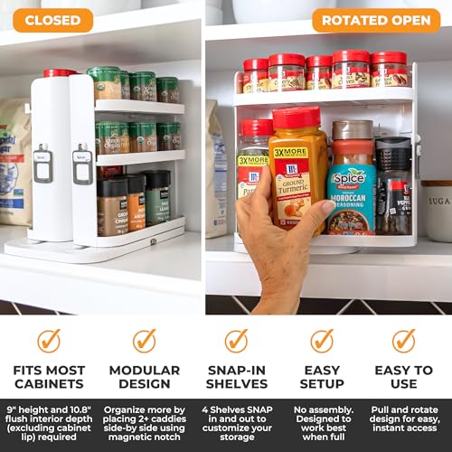 Cabinet Caddy SNAP! Spice Rack Organizer for Cabinet - Slide & Rotate Seasoning Organizer - 4 Snap-In Adjustable Shelves for 5 Tier of Storage - Magnetic Modular Design - 8.9”H x 6.1”W x 10.8”D