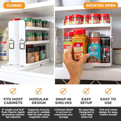 Cabinet Caddy SNAP! Spice Rack Organizer for Cabinet - Slide & Rotate Seasoning Organizer - 4 Snap-In Adjustable Shelves for 5 Tier of Storage - Magnetic Modular Design - 8.9”H x 6.1”W x 10.8”D