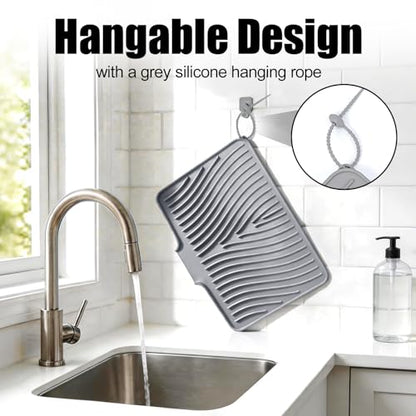 TIKNIK Silicone Dish Drying Mat for Kitchen Counter - Heat Resistant & Non-Slip Dish Drain Pad with Built-In Drain, Dishwasher Safe, Quick-Dry, Hangable & Roll-Up for Storage, Grey-1pcs, 20" x 15" - size: 20" x 15"