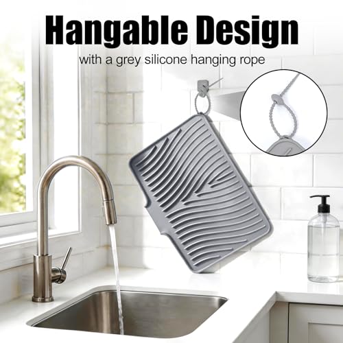 TIKNIK Silicone Dish Drying Mat for Kitchen Counter - Heat Resistant & Non-Slip Dish Drain Pad with Built-In Drain, Dishwasher Safe, Quick-Dry, Hangable & Roll-Up for Storage, Grey-1pcs, 16" x 12" - size: 16" x 12"