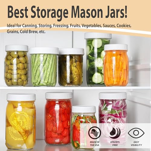 Wide Mouth Mason Jars 32 oz - (2 Pack) - Wide Mouth 32-Ounces Quart Mason Jars with White M.E.M Food Storage Plastic Lids - For Storage, Canning, Freezing, Leak Proof, Microwave & Diswasher Safe