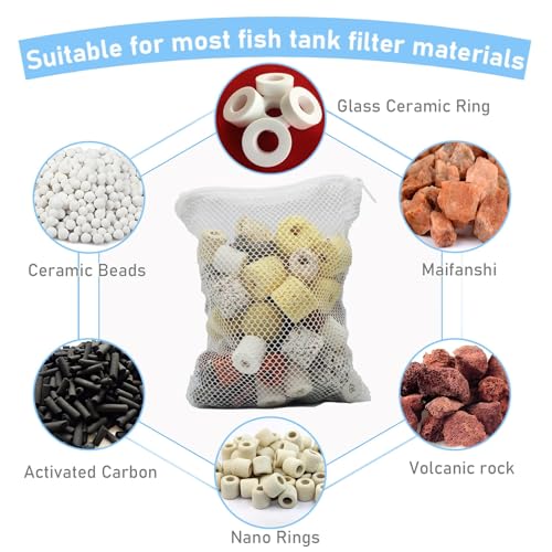 10PCS Aquarium Filter Media Bags with Drawstring Zipper, Reusable Fine Mesh Bags for Activated Carbon, Bio Balls, Ceramic Rings, Substrate, Fish Tank Filter Accessories