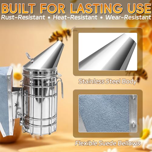 2 Pack Bee Smoker with Pellets, Stainless Steel Bee Hive Smoker with Heat Shield for Beekeeper Daily Beehives Check Easier