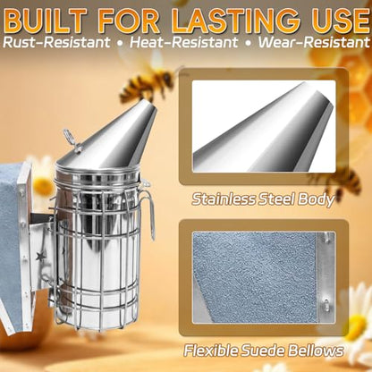 2 Pack Bee Smoker with Pellets, Stainless Steel Bee Hive Smoker with Heat Shield for Beekeeper Daily Beehives Check Easier