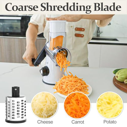 Cambom Rotary Cheese Grater Hand Crank Cheese Shredder for Fresh Cheese, Vegetable, Nuts,Non-slip Suction Base, Three Blades, Black White - color: White Black, size: 3 BLADES