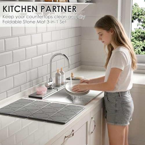 3 PCS Large Stone Dish Drying Mat for Kitchen Counter -24"x16" Absorbent Diatomaceous Earth Mat with Stone Faucet Mat & Soap Tray - Quick Dry, Collapsible, Non-Slip Countertop Organizer - color: Lantern carved patterns