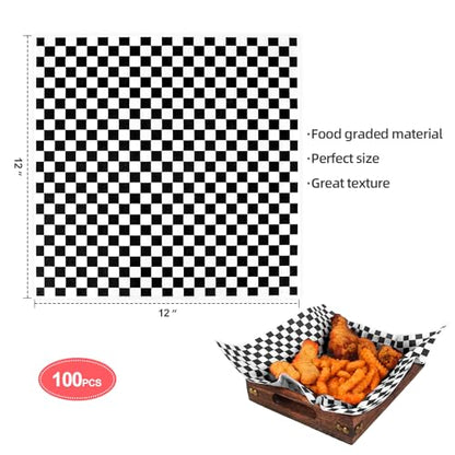 100pcs Deli Paper Sheets 12x12", Premium Food Basket Liners, Grease Resistant Wax Paper Sheets for Food, Classic Checkered Sandwich Wrapping Paper (Black & White Checkered) - color: Black & White Checkered