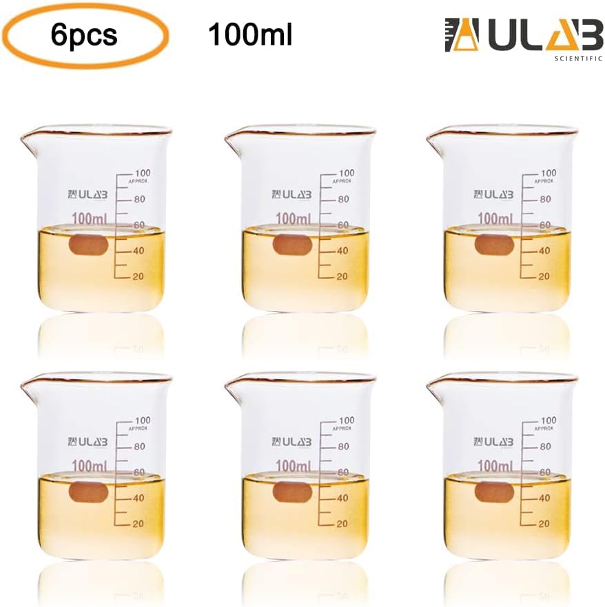 ULAB Scientific Glass Beaker Set, Vol.100ml, Shot Glass, 3.3 Borosilicate Griffin Low Form with Printed Graduation, Pack of 6, UBG1014 - style: Vol.100ml,Pack of 6