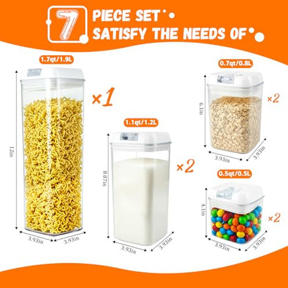 Clear Airtight Food Storage Containers, 7-Piece Set | BPA-free plastic kitchen pantry organization canisters. Stackable design ideal for cereal, spaghetti, and pasta storage.