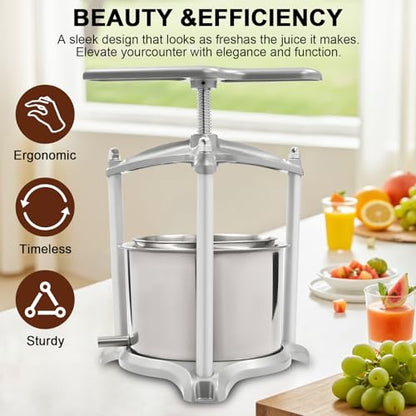 Fruit Wine Press, Wine juicer, 1.6 Gal Fruit Cider Grinder w/Dual Stainless Steel Barrels, Manual Press Machine with Triangular Structure & T-Handle, for Cider Tincture Cheese Herb Vegetables