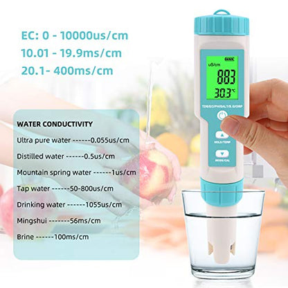 7 in 1 PH Meter Gomass 0.01 High Accuracy ph Tester Digital for Water TDS/EC/Salinity/Temp/ORP/S. G/PH Pen Tester Drinking Water, Hydroponics, Plants, Aquarium and Pool - color: Light blue