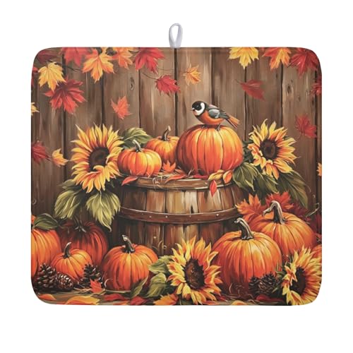 Fall Pumpkin Dish Drying Mat for Kitchen Counter Thanksgiving Autumn Harvest Pumpkin Microfiber Dish Drainer Mat Rustic Farmhouse Absorbent Washable Drying Pad 16"x18" - color: Fall Pumpkin, size: 18" x 16"