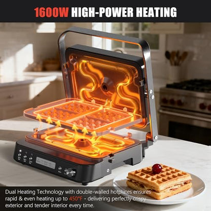 CATTLEMAN Panini Grill Press Sandwich Maker with Removable Plates, 1600W, 6 in 1 Waffle Maker & Electric Indoor Grill with Meat Thermometer, PFAS Free Ceramic Nonstick Reversible Plates, Opens Flat - color: Black with Waffle Plates