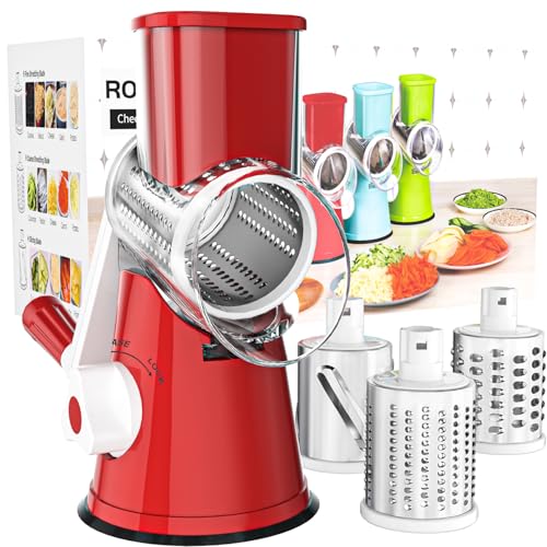Cambom Rotary Cheese Grater Hand Crank Cheese Shredder for Fresh Cheese, Vegetable, Nuts,Non-slip Suction Base，Three Blades,Red - color: Red, size: 3 BLADES