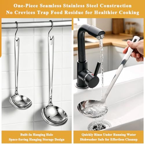 Kyraton 2 Piece Soup Ladle Set, 11.8" Large & 9.6" Small Stainless Steel Ladles, One-Piece Ergonomic Cooking Spoons, Dishwasher Safe Heavy Duty Serving Utensils for Home Kitchen Soup Sauce Noodle