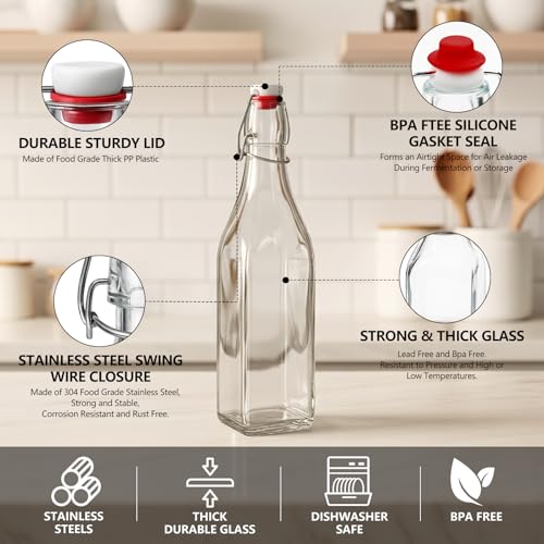 Ruckae Square Swing Top Glass Bottles with Lids Kombucha Coquito Flip Top Glass Bottle for Syrup Vanilla Extract Brew Beer Kefir Air Tight Bottles for Gift (16 oz 8 pack) - size: 16 oz 8 pack