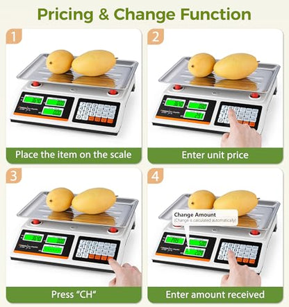 Atogou 1g Resolution Price Computing Scale with Dual-Sided Display, 88lb Commercial Food Kitchen Scale with Preset Price Keys, Plug-in or rechargeable,for Produce, Farmers Markets, Meat(Not for Trade)