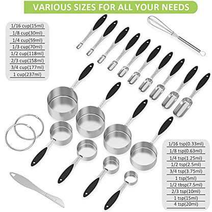 Measuring Cups and Measuring Spoons Set, Wildone Stainless Steel 8 Measuring Cups, 10 Measuring Spoons, 1 Leveler 1 Whisk & 5 Mini Spoons, for Dry and Liquid Ingredient - 25 Piece Black - color: Black, size: Set of 25