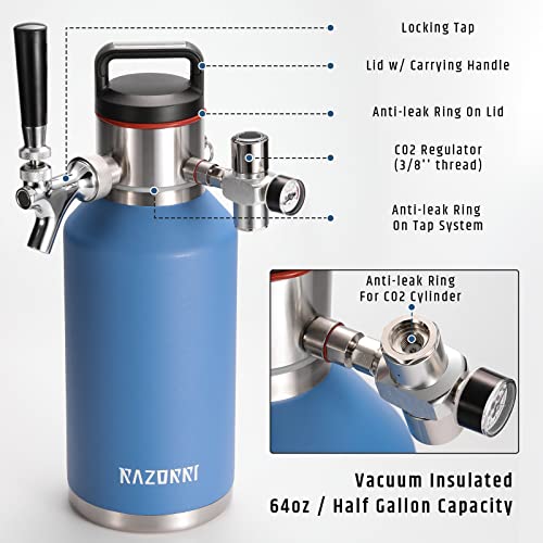 Razorri 64oz Stainless Steel Beer Growler, Double-Wall Vacuum Insulated Carbonated Keg with Professional Bar Tap and Pressurized CO2 Regulator, 0.5 Gallon, Ocean Blue - style: 64 OZ (0.5 Gal.)