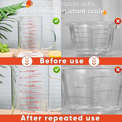 4 Cup Glass Measuring Cup with Handle, 77L High Borosilicate Glass Measuring Cup with V-Shaped and Three Scales (Cup, OZ, ML), Glass Liquid Beaker with Silicone Base, Double-Sided Measure Scales - size: 4 Cup, 1000ML