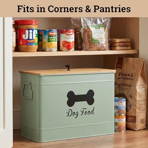 Dog Food Container Airtight Bamboo Lid 15-20 lb Sturdy Metal Handle 70 Cups | Pet Jar For Dogs up to 100lbs, Airtight Bamboo Lid, Sturdy Comfortable Metal Handle, Powder Coated Iron, Kibble Storage Bin - color: Sage Green