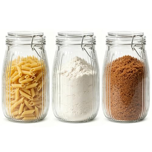 ComSaf 3pcs 50oz Ribbed Glass Jars with Airtight Clamp Lids, Large Vintage Canisters for Flour, Sugar Storage & Fermenting, Wide Mouth for Pantry Organization & Countertop Decor - size: 51oz*3-Ribbed